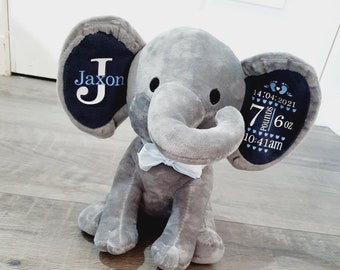 Personalised New baby gift keepsake elephant teddy boy or girl birth stats