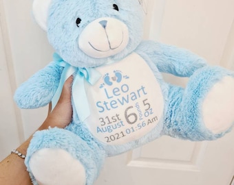 Personalised New baby gift keepsake teddy bear boy or girl birth stats
