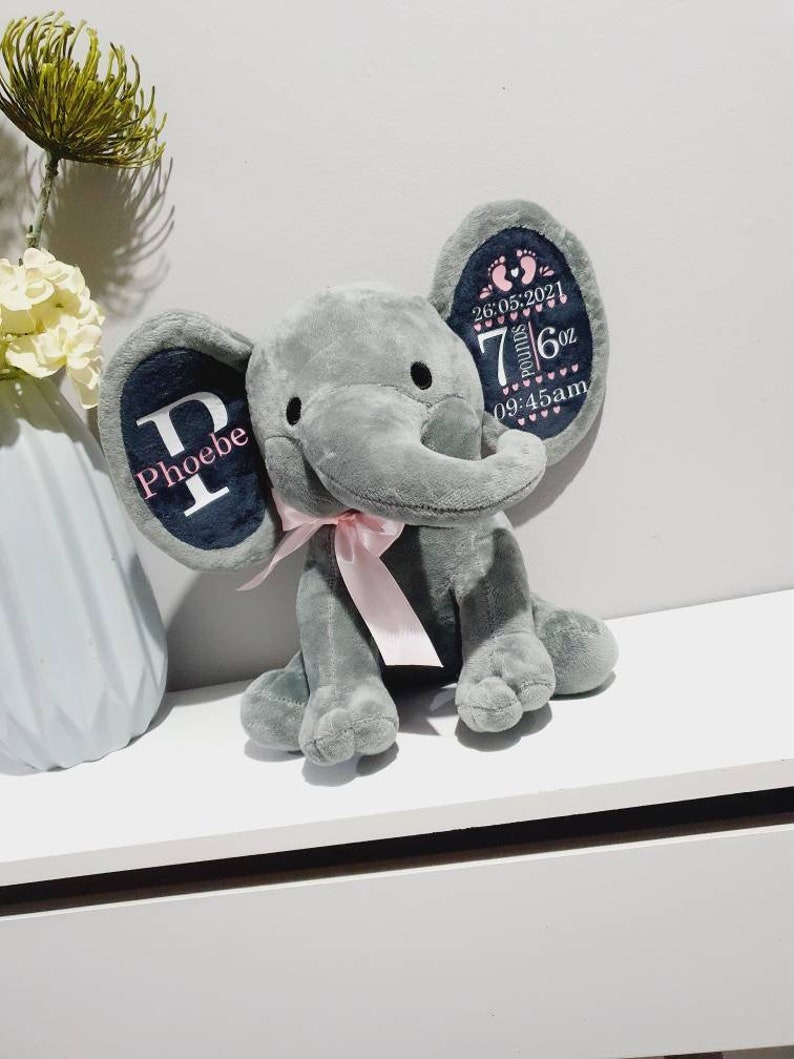 Personalised New baby gift keepsake elephant teddy boy or girl birth stats imagem 3