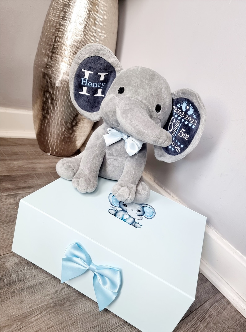 Personalised New baby gift keepsake elephant teddy boy or girl birth stats image 2