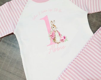 Personalised birthday rabbit bunny pjs pink stripe. When i wake up ill be one two three etc.