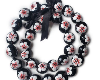 32" Best Quality Hawaii Hibiscus Flower  Kukui Nut Necklace Lei
