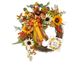 Fall Wreath for front door, Rustic Fall wreath, Fall Sunflower Wreath, Fall Mantle and Front Door Decor