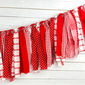 Red & White Country Rag Tie Garland, Fabric Tie Garland, Valentine's Day Fabric Garland, Nursery Garland,