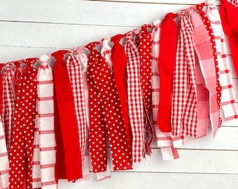 Red & White Country Rag Tie Garland, Fabric Tie Garland, Valentine's Day Fabric Garland, Nursery Garland,