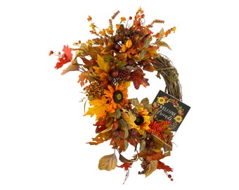 Rustic Fall Wreath for Front Door or Mantle Decor, Welcome Friends Fall Twig Wreath, Fall Sunflower Wreath, Leaves and Acorns Wreath
