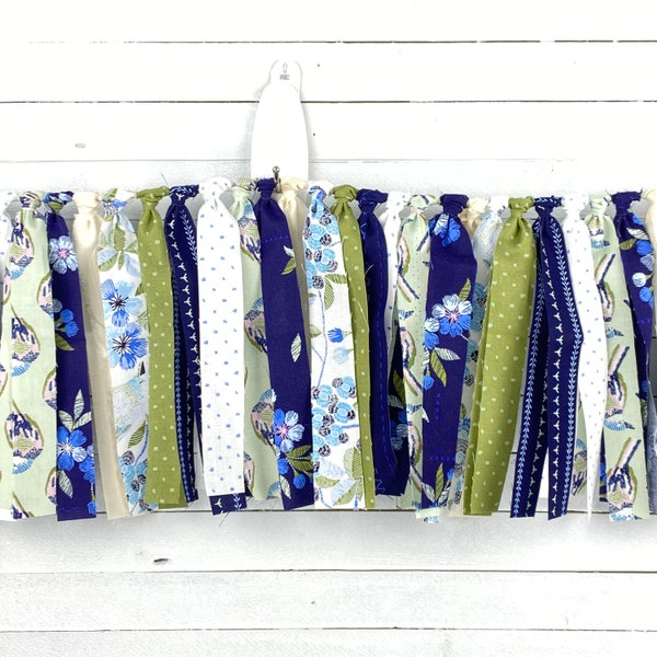Blue and Green Rag Tie Garland, Fabric tie Garland, Birds Rag Tie Garland, Mantle Garland