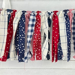 Patriotic Rag Tie Garland, Fabric tie Garland, Fourth of July Fabric Rag Garland, Independence Day Rag Tie Garland