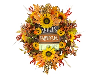 Country Farmhouse Fall Wreath for front door or mantle decor, Fall Wreath and Decor, Fall Sunflower Wreath