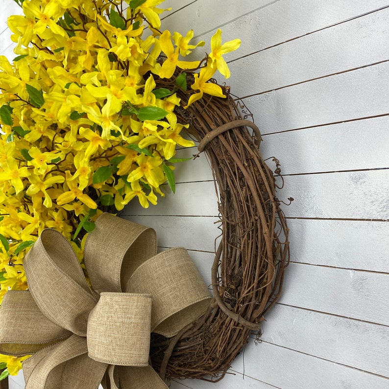 Rustic Farmhouse Yellow Forsythia Wreath for Front Door, Country Wreath