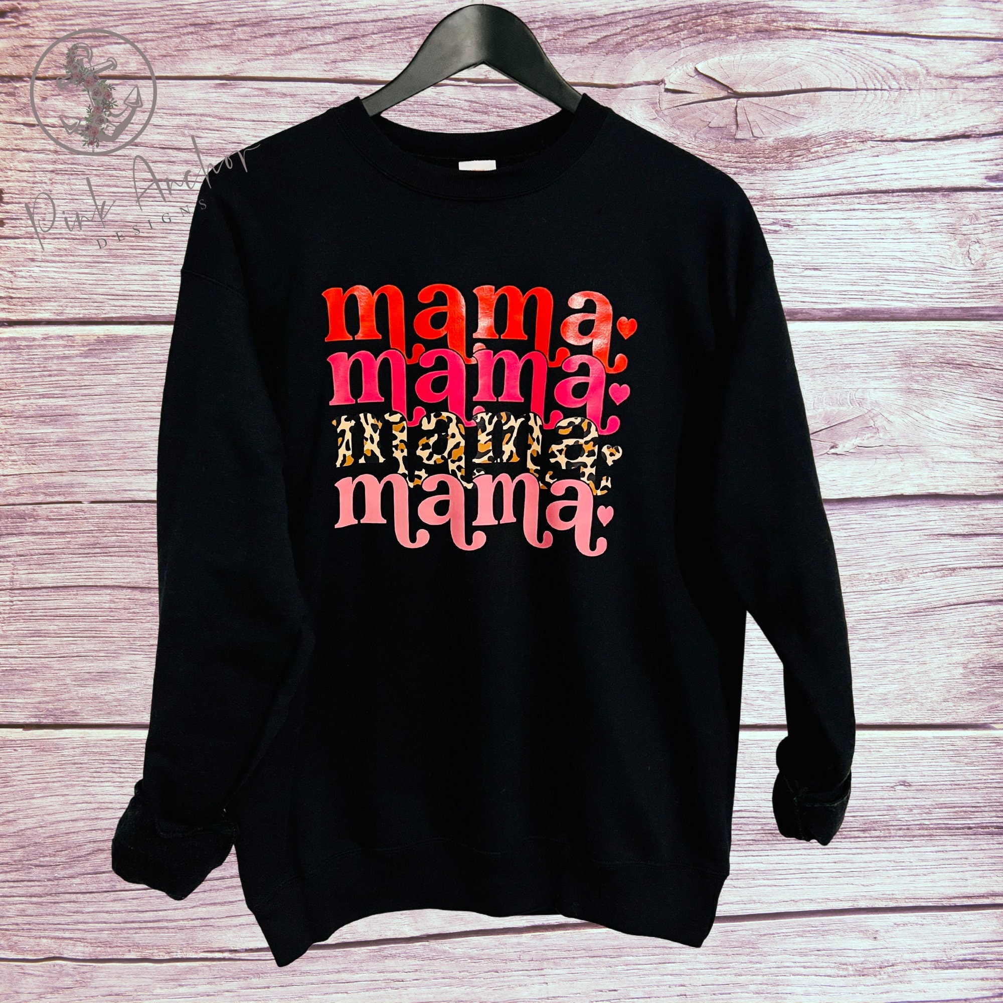 PinkAnchorDesign Mama Crew Neck Black Sweatshirt, Cheetah Print Mama Sweater, Gift for Mom, Gift for New Mom, Pregnancy Announcement, Mother's Day Gift