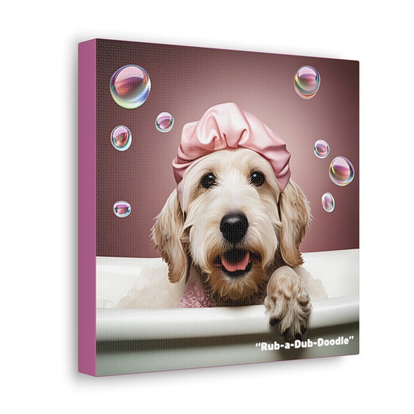 Rub-a-Dub-Doodle Dog Canvas Print Picture Wall Art Gallery | Square Home Decor, Bathroom Picture, Dog in Tub Shower Cap