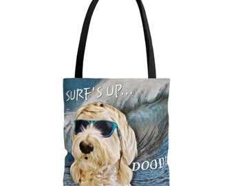 Surfer Dog Doodle Tote Bag | Purse, Shopper, Shoulder Strap, Beach, Year Round
