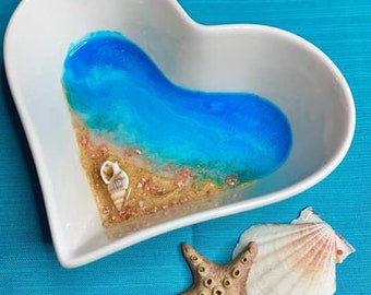 Jewelry Dish / Ring Dish / Heart Shape / Valentines Bowl / Ocean / Beach  / Resin / Gift For Her