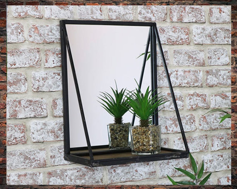 Vintage Black Wall Mirror With Wooden Shelf / Industrial Etsy UK