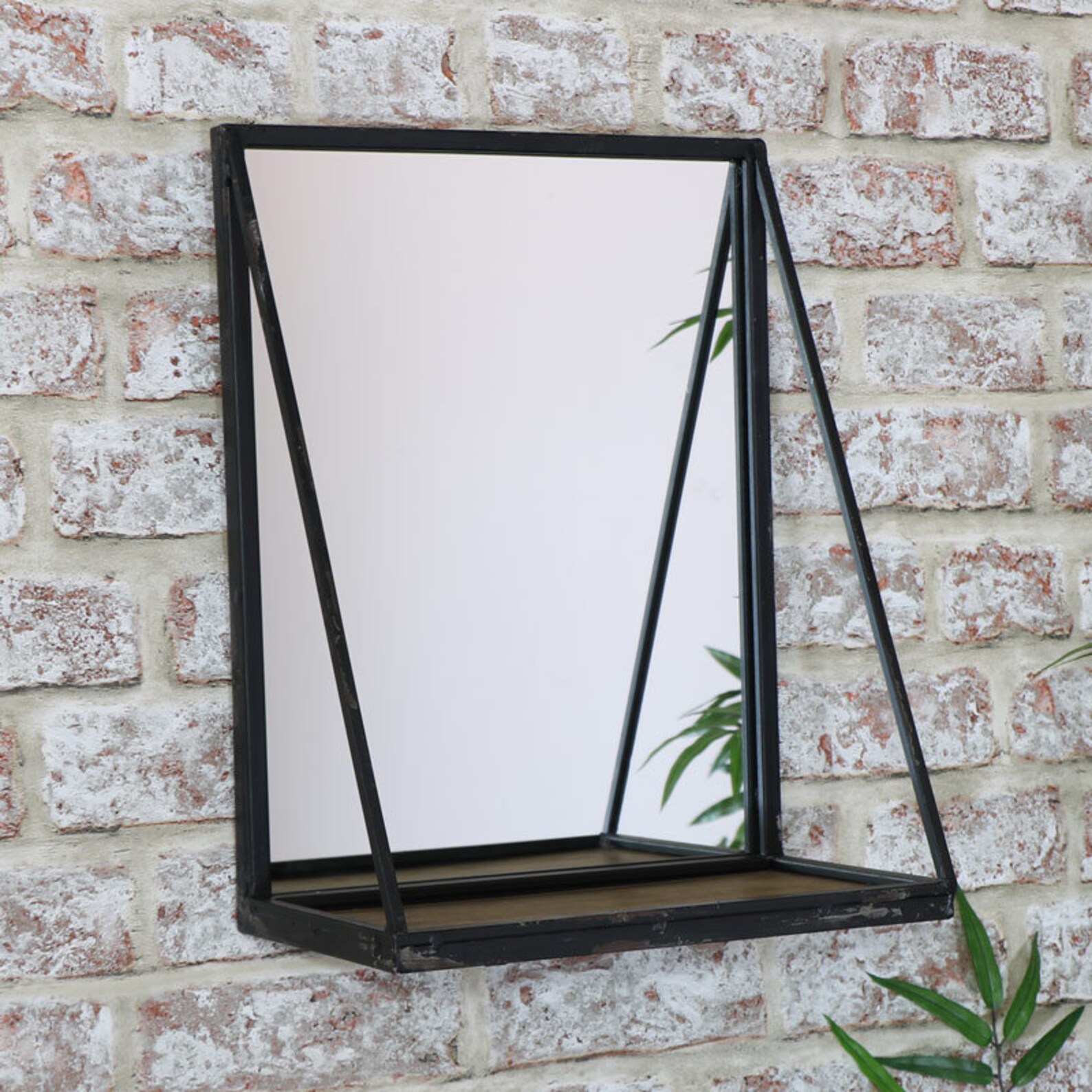 Vintage Black Wall Mirror With Wooden Shelf / Industrial | Etsy UK