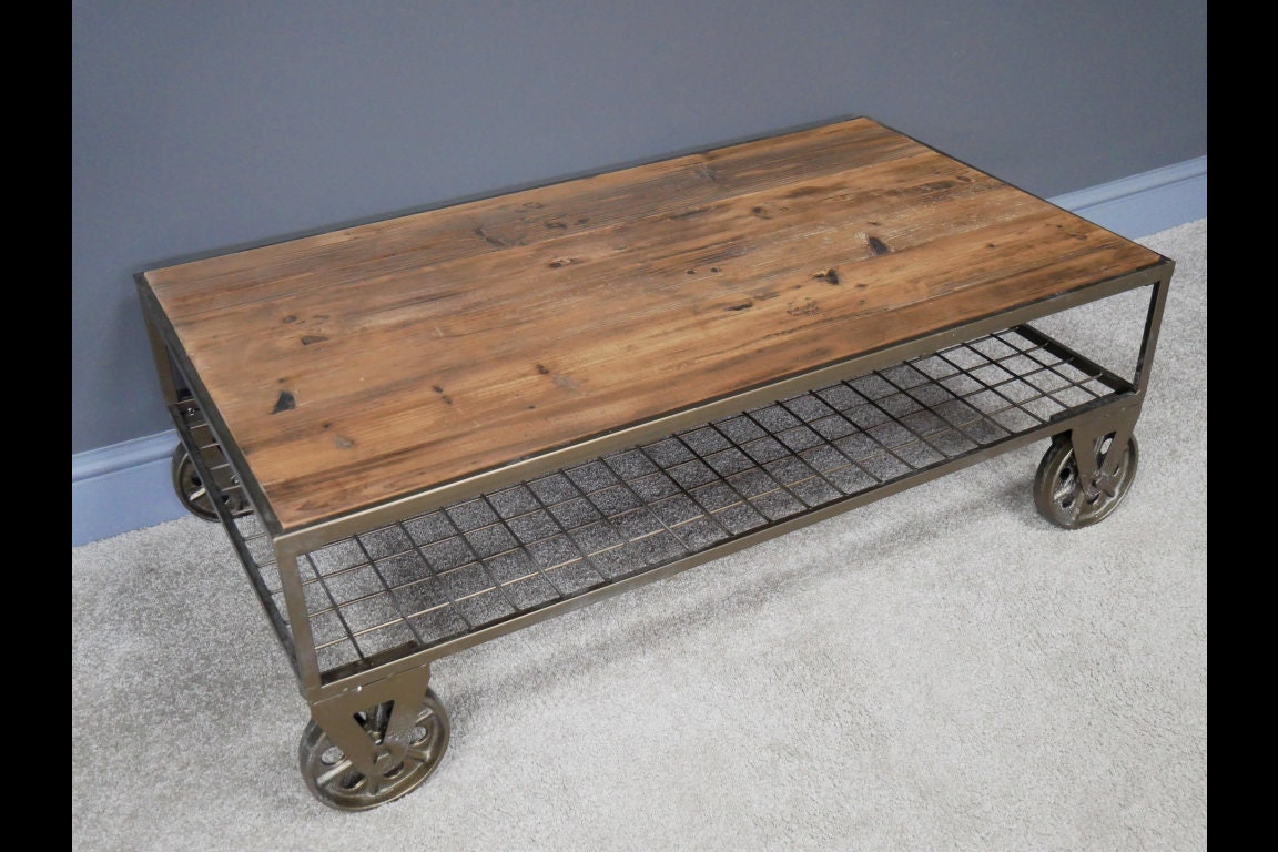 Industrial Coffee Table On Wheels / Distressed Finish / Etsy