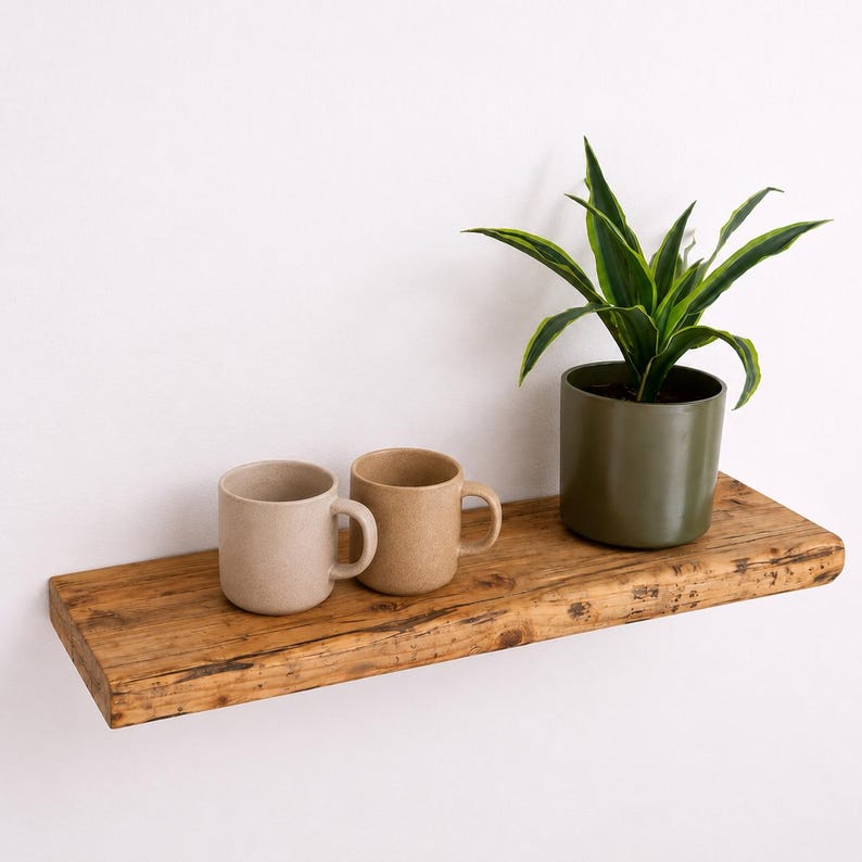 Peut inclure: Une &eacute;tag&egrave;re flottante en bois rustique avec une texture &agrave; grain naturel supporte deux tasses en c&eacute;ramique beige clair et brun clair, ainsi qu'un pot cylindrique vert olive fonc&eacute; contenant une plante verte et jaune &agrave; feuilles pointues.