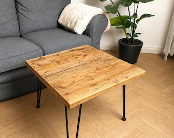 Side table made of reclaimed solid wood, handcrafted from old scaffolding planks, custom-made
