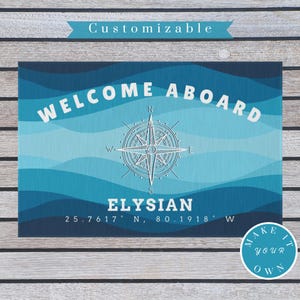 Personalized Compass Boat Name Rug - Custom Nautical Welcome Aboard Mat, Blue Wave Outdoor Doormat, Unique Gift for Sailors & Boaters