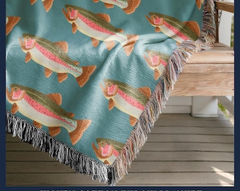 Rainbow Trout Woven Blanket – Lake House Throw, Fishing Gift for Dad or Husband