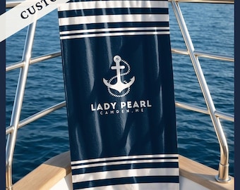Telo mare nautico personalizzato, telo mare con barca personalizzata, telo mare con ancora, regalo con nome della barca, telo mare per casa al lago, telo mare per yacht, regalo a tema costiero