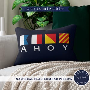 Custom Nautical Flag Lumbar Pillow - Maritime Alphabet Signal Code Decor, Personalized Indoor & Outdoor Coastal Throw, Sailboat Accessories