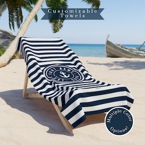 Customizable Boat Towel - Custom Striped Beach Towel with Anchor Design and Date, Personalized Nautical or Cruise Gift, Boating Accessory