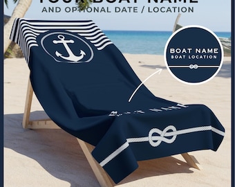 Personalisiertes Anker & Streifen Strandtuch: Benutzerdefiniertes Boot Name Nautisches Geschenk