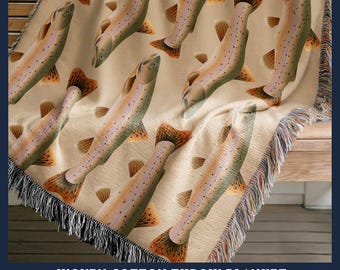 Woven Cotton Trout Blanket, Fly Fishing Cabin Throw, Fisherman Gift