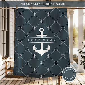 May include: A navy blue nautical-themed towel with a white anchor design and the text "BOAT NAME". The towel features a diamond pattern with small white anchors. The text "PERSONALIZED BOAT NAME" is at the top. Six color options are available.
