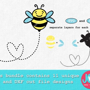 May include: A digital design file for a cute cartoon bee with a heart-shaped path. The bee is yellow and black with blue wings. The design is available in SVG and DXF formats. The text on the image says "SVG and DXF separate layers for each color: This bundle contains 11 unique SVG and DXF cut file designs".