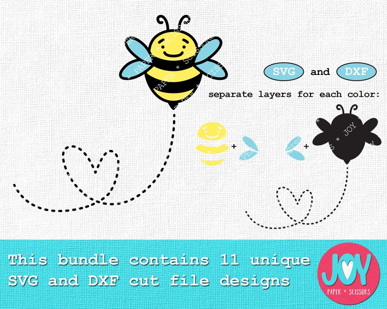 May include: A digital design file for a cute cartoon bee with a heart-shaped path. The bee is yellow and black with blue wings. The design is available in SVG and DXF formats. The text on the image says "SVG and DXF separate layers for each color: This bundle contains 11 unique SVG and DXF cut file designs".