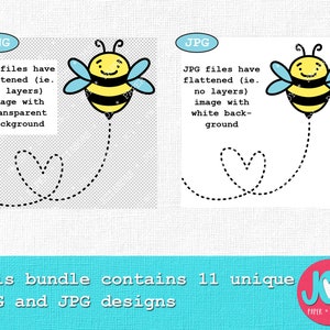 May include: A digital clipart bundle of 11 unique bee designs. The bees are yellow and black with blue wings. The bees are flying in a heart shape. The text "PNG files have flattened (ie. no layers) image with transparent background" and "JPG files have flattened (ie. no layers) image with white background" is included in the image. The text "This bundle contains 11 unique PNG and JPG designs" is included in the image. The text "JOY PAPER SCISSORS" is included in the image.