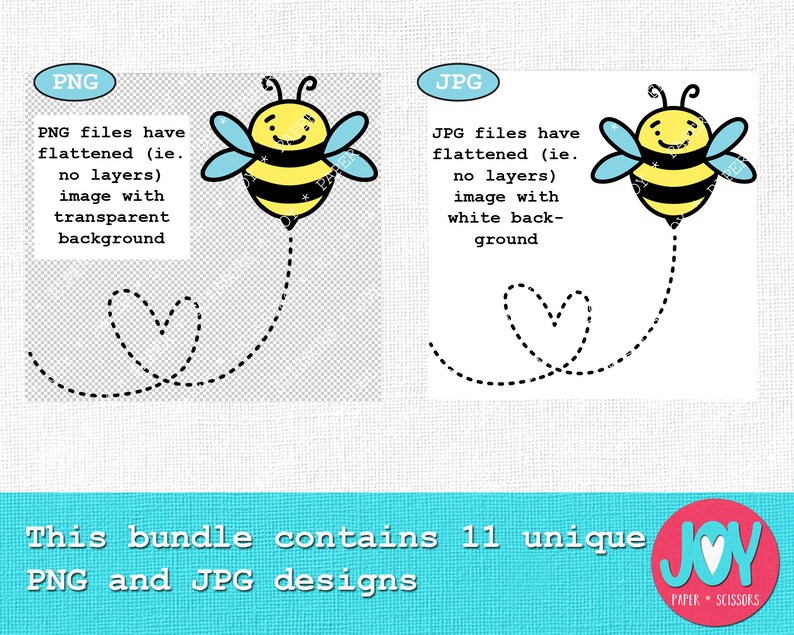 May include: A digital clipart bundle of 11 unique bee designs. The bees are yellow and black with blue wings. The bees are flying in a heart shape. The text "PNG files have flattened (ie. no layers) image with transparent background" and "JPG files have flattened (ie. no layers) image with white background" is included in the image. The text "This bundle contains 11 unique PNG and JPG designs" is included in the image. The text "JOY PAPER SCISSORS" is included in the image.