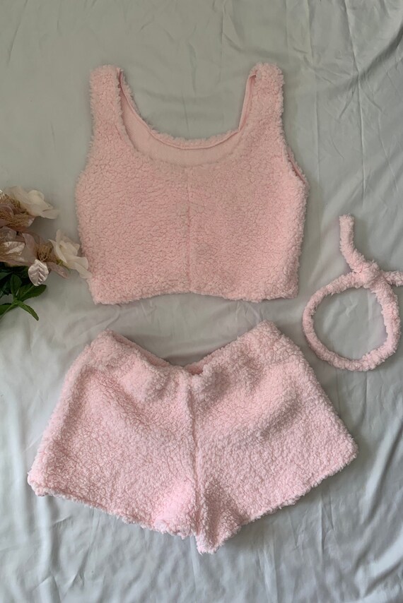 Pink Fuzzy Fleece Pajama Shorts Set Women s Lounge Wear