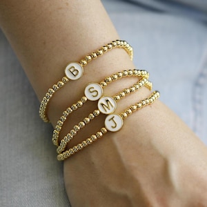 Gold Initial Bead Bracelet: Personalized Stacking Stretch Bracelet