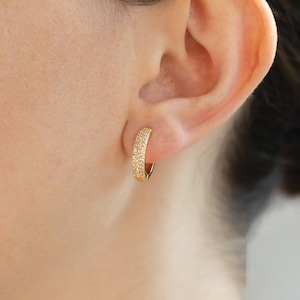 Gold Pave Huggie Hoop Earrings: CZ Diamond Style, Everyday Jewelry