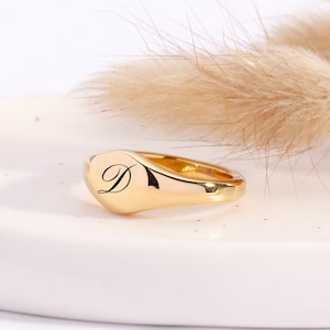 Puede incluir: Un anillo de sello dorado con un acabado pulido. El anillo presenta una cara redondeada con la letra "D" en escritura negra. El anillo se muestra sobre una bandeja blanca de forma ovalada, con hierba ornamental seca en el fondo.