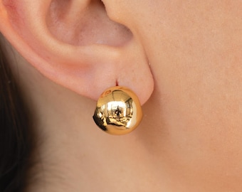 Gold Ball Huggie Hoop Earrings: 14k Plated Hoop Earrings Chunky Small Thick Hoops