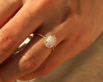 Dainty Opal Ring: 14k Gold Plated Sterling Silver, October Birthstone Jewelry