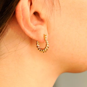 Croissant Hoop Earrings: 14k Gold Plated Huggies, Hypoallergenic