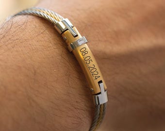 Custom Engraved Gold Bracelet for Dad: Stainless Steel Curb Chain, Personalized Men&#39;s Jewelry