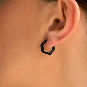 Black Hexagon Huggie Hoop Earrings: Waterproof Surgical Steel