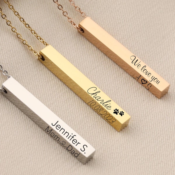 Vertical Bar Necklaces for Women, Personalized Necklace Names Engraved Necklace, 3D Bar Gold, Silver, Rose Gold Date, Coordinates Necklace