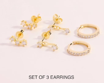 Sterling Silver Earring Stack Set: CZ Huggies, Jackets Earrings Set, Climbers Earrings
