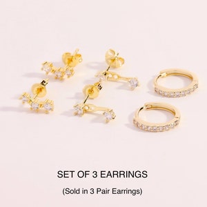 3 PAIR Earring Stack Set for Multiple Piercings, Everyday Earrings, Tiny Three Hole Earring Sets, Earring Jacket, Cz Huggies Hoops for Her