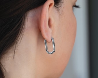 Geometric Earrings Gold, Silver & Black Hoop Earrings Stainless Steel Huggie Rectangular Hoops for Men and Women Waterproof Earrings
