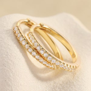 Pave Hoop Earrings Sterling Silver Cubic Zirconia Hoop Earrings 16mm, Dainty Huggie Hoops with Cz, Gift for Her, Everyday Earring