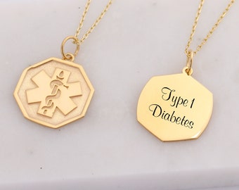 Medical Alert Necklace Women 14k Gold Personalized Medic Alert Jewelry Adult and Kids Type 1 Diabetes, Blood Thinner - Medical Gift for Mom